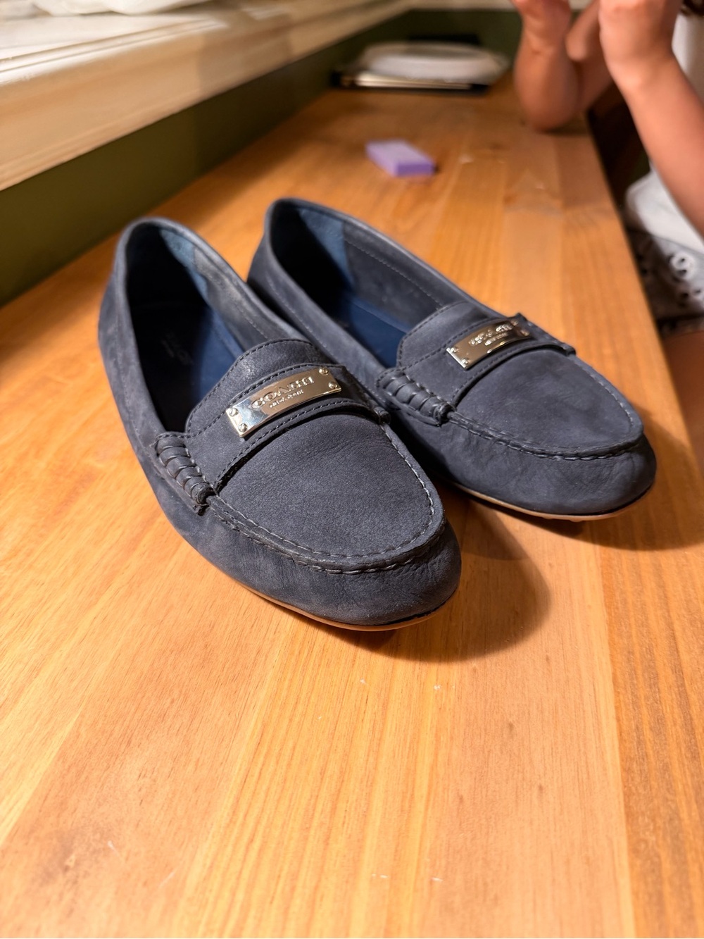 Coach Women's Dark Navy Suede Loafers with Metal Plaque
